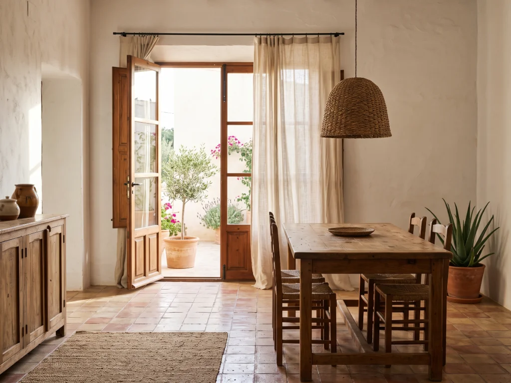 Salón de interiorismo sostenible en Málaga con paredes a la cal, suelo de barro cocido, madera maciza y fibras de esparto
